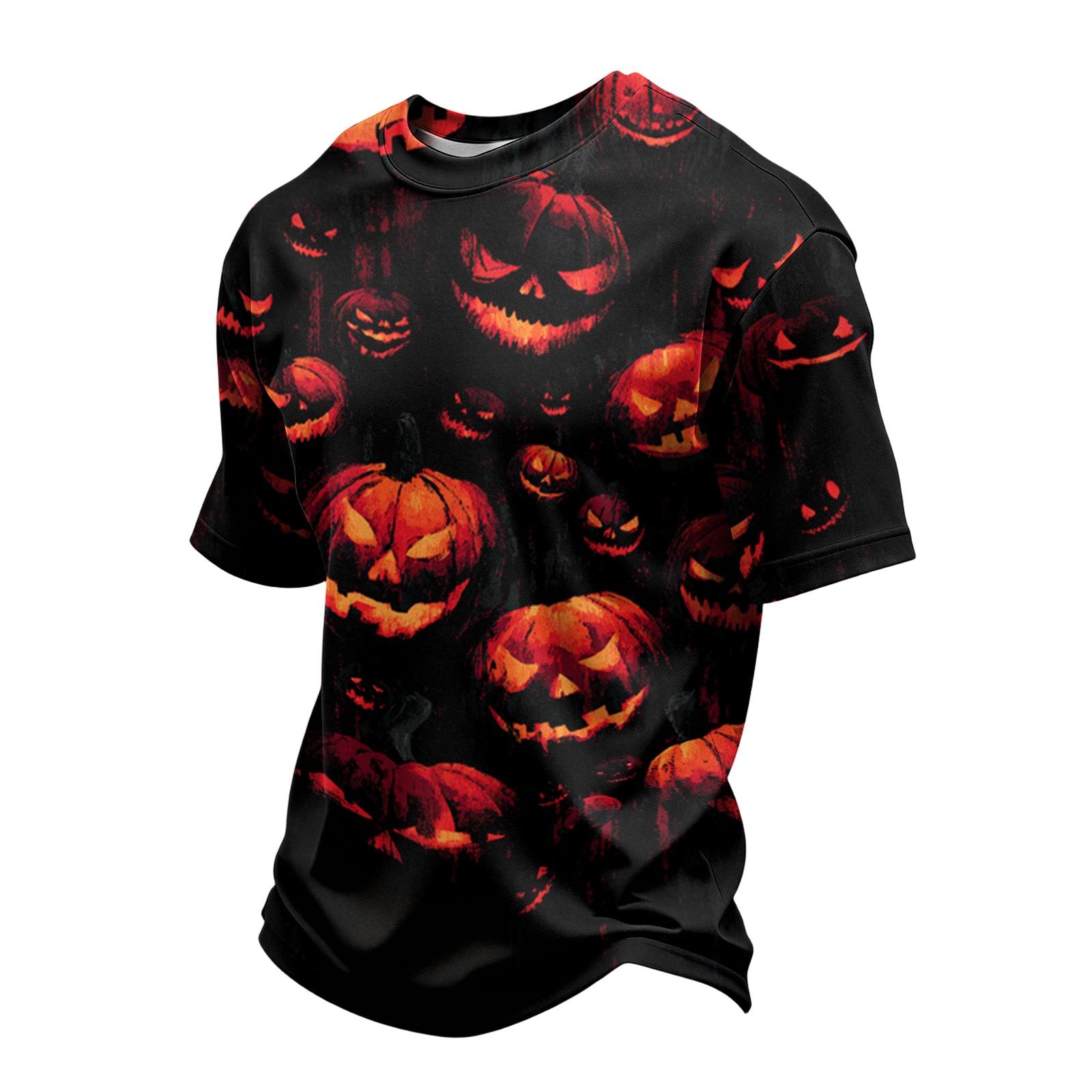 Men s Casual Short Sleeve T-Shirt Lightweight Breathable Fabric Crew Neck Halloween Pumpkin Pattern Printed Top XL чёрный