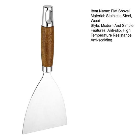 Flat Shovel Stainless Steel Slotted Spatula with Wooden Handle Heavy-Duty Turner for Steak Pancakes BBQ Heat-Resistant Essential Kitchen Tool