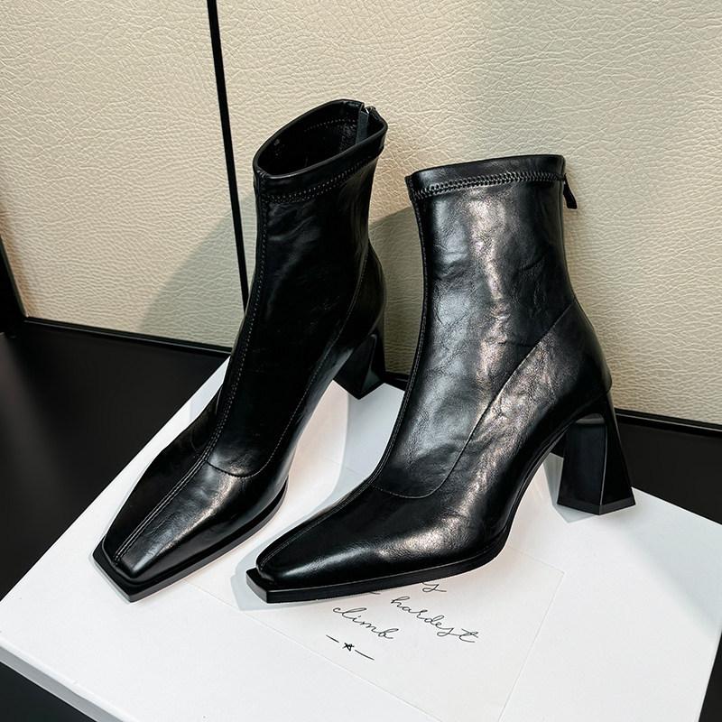 Temperament square head thick heel high heel elastic thin boots side zipper autumn and winter niche thick heel short boots women