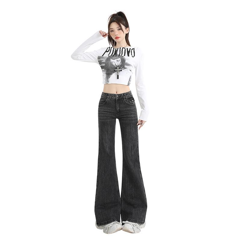 Slub pattern slightly pulled jeans women's autumn and winter new low-rise elastic and thin versatile horseshoe horn pants