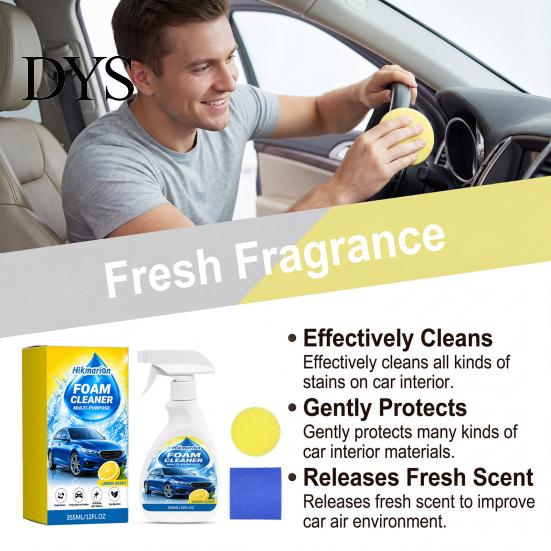 Upholstery Cleaner Foam 355ML Car Interior Foam, with Sponge & Microfiber Towel, Deep Cleaning Faux Leather Surface Auto Detailing Spray, Lemon Scent