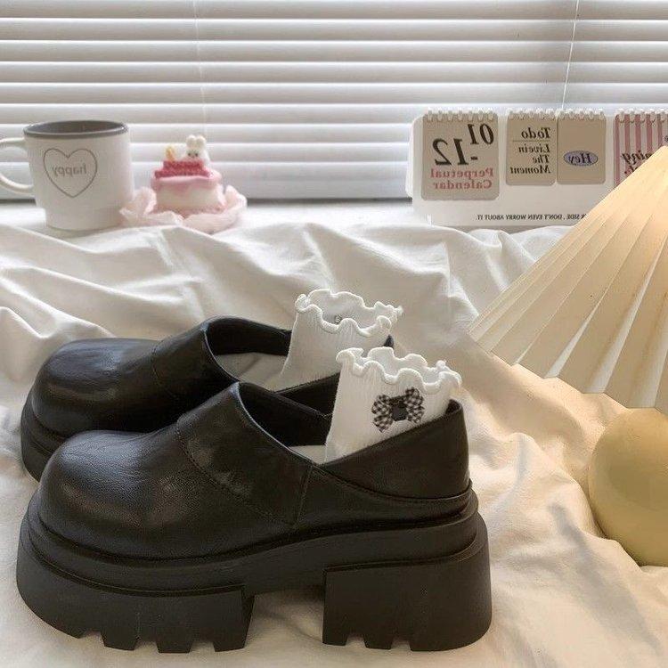 Black two-wear loafer small leather shoes spring new British style retro thick-soled heightening bag head half slippers 35inner length 225cm чёрный 2790₽