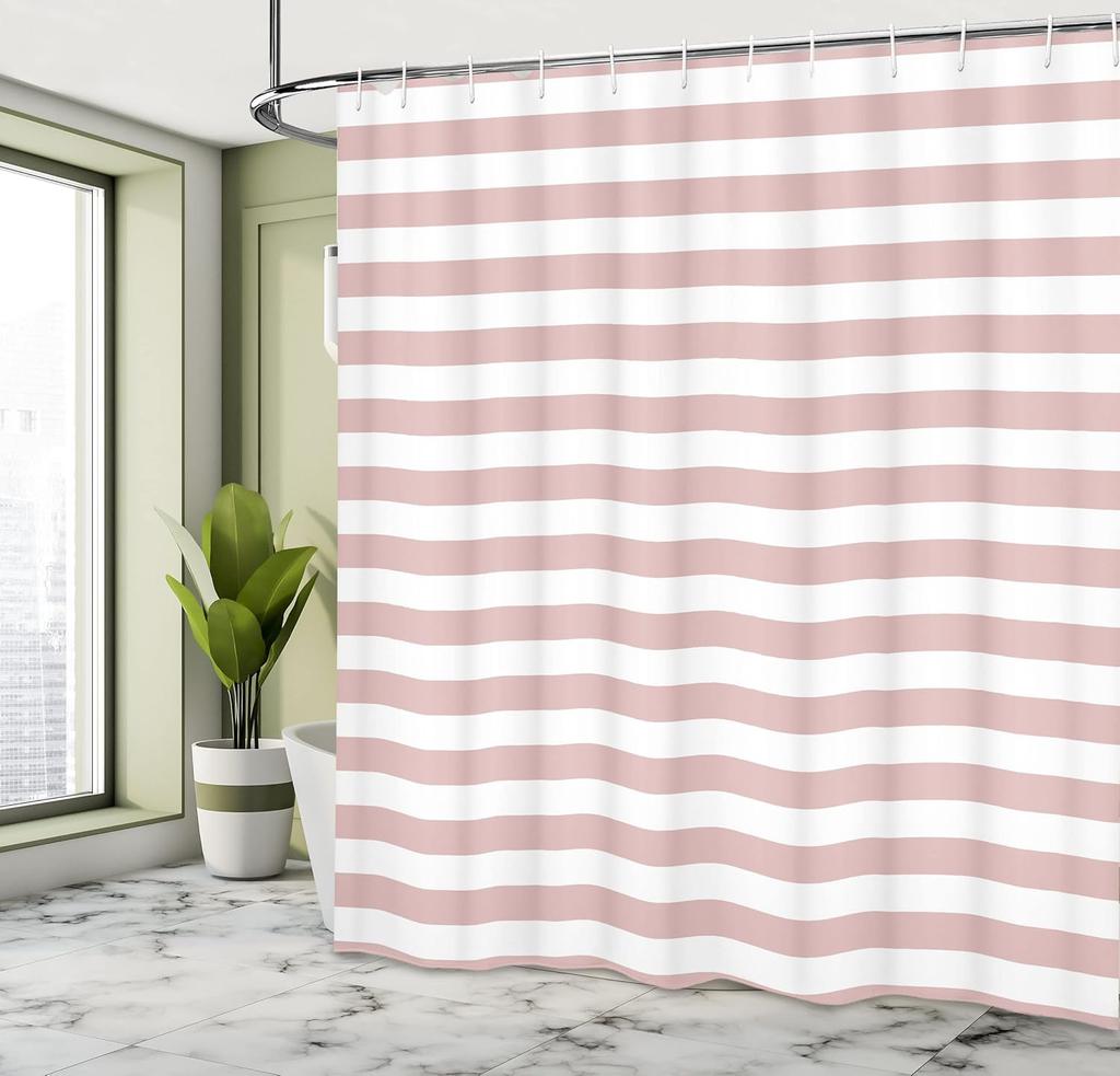 Pink White Striped Shower Curtain Modern Minimalist Design Bathroom Decor Waterproof Fabric Gender Neutral Style Home 150X210