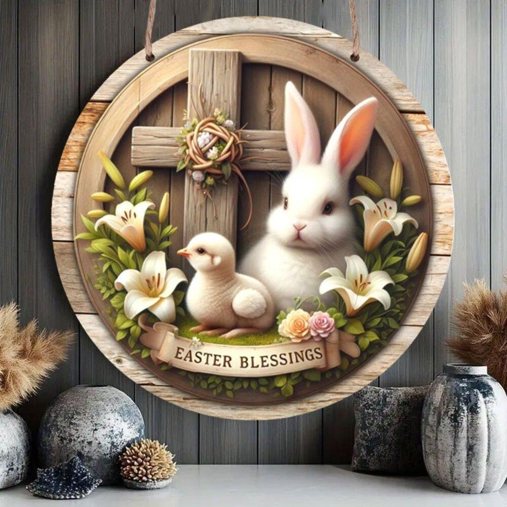 1 Piece of Farmhouse Wooden Easter Logo, 7.87 Inches X 7.87 Inches Round Sign, with Rabbits and Chickens, Festive Wall and Door