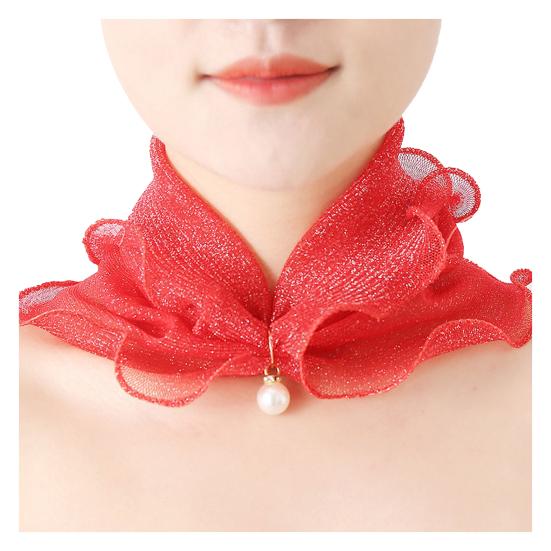 Faux Silk Scarf Lightweight Mesh Soft Shiny Touch Edge-covered Design Scarf with Faux Pearl Decor Neck Decoration