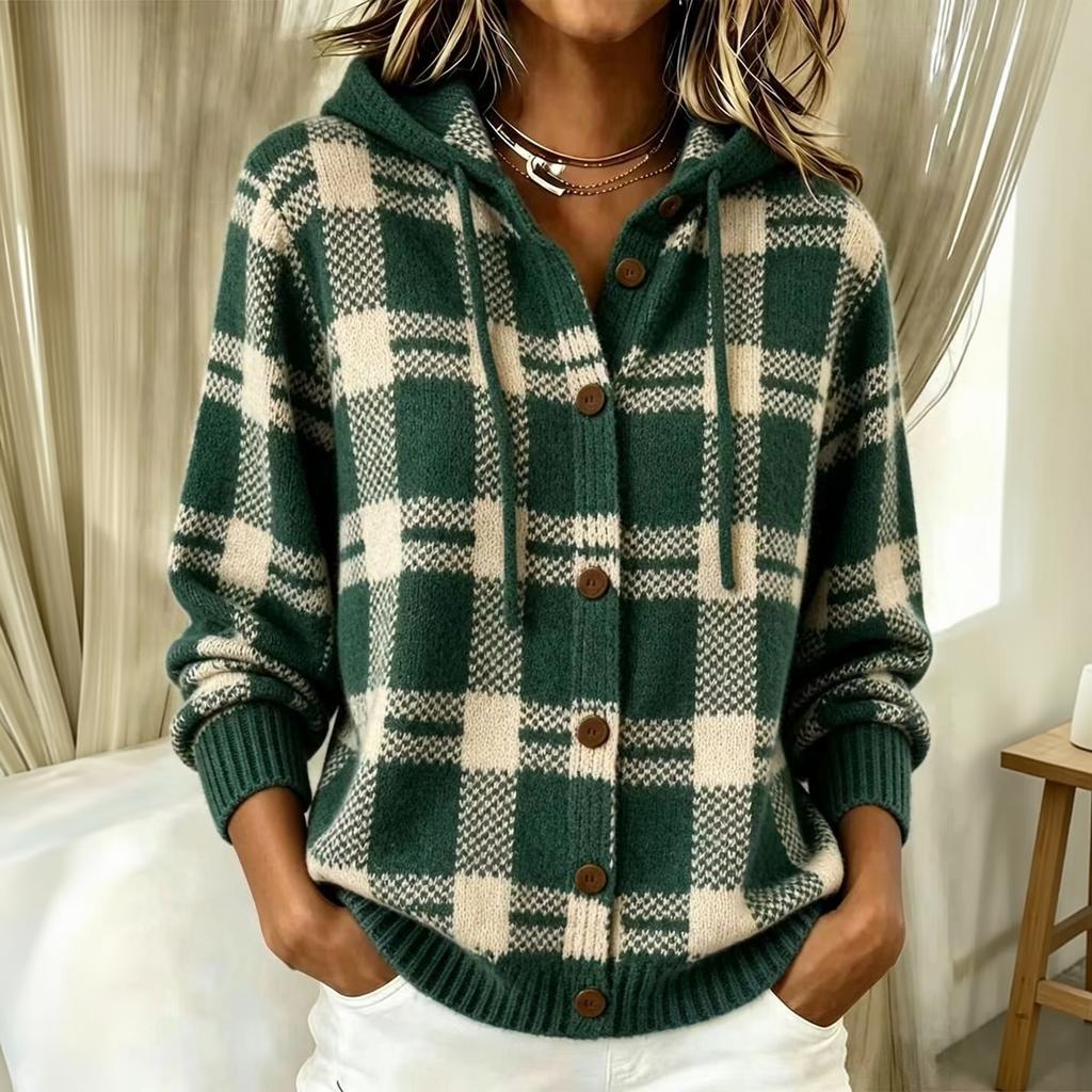 Women's Casual Loose Fit Plaid Hooded Long Sleeve Cardigan Sweater for Fall and Winter