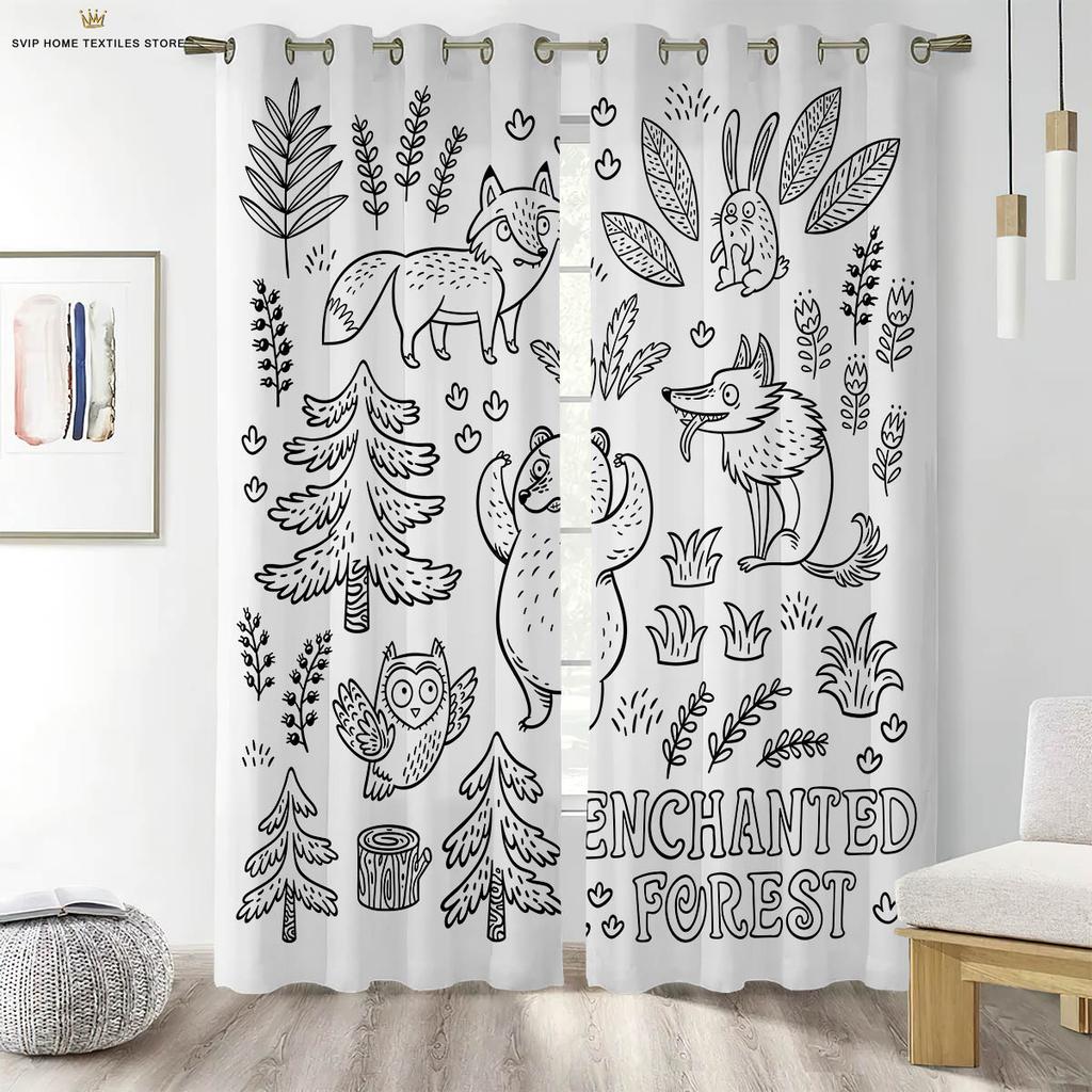 Cartoon Animal Forest Print Curtains For Children's Room Living Room Study Kitchen Decorative Curtains Easy To Wash And Care
