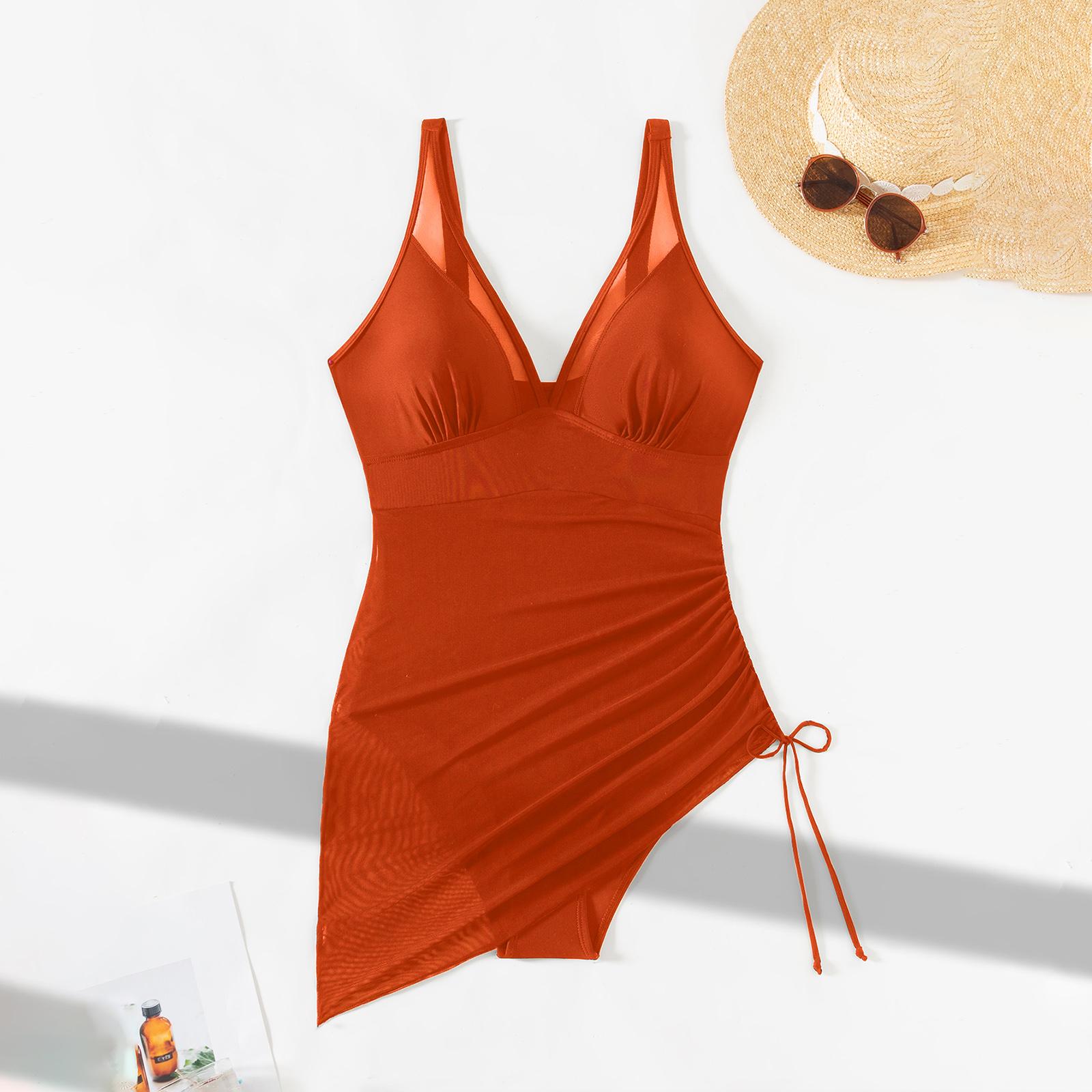 

Women‘s Swimdress Summer 2026 New Sleeveless V Neck U Ring Bathing Suit Drawstring Mesh Sheer Tankini Swimsuit Swimwear S
