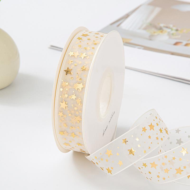 10Yards/Roll Hair Bows DIY Craft Gold Foil Snow Yarn for Gift Wrapping 2.5cm Organza Ribbon Printed Silk Ribbons