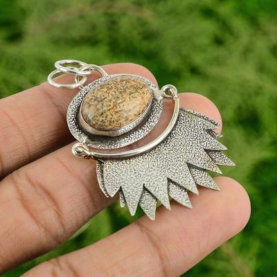 Oval Picture Jasper Stone Bezel Wife Wedding Pendant Jewelry 925 Sterling Silver
