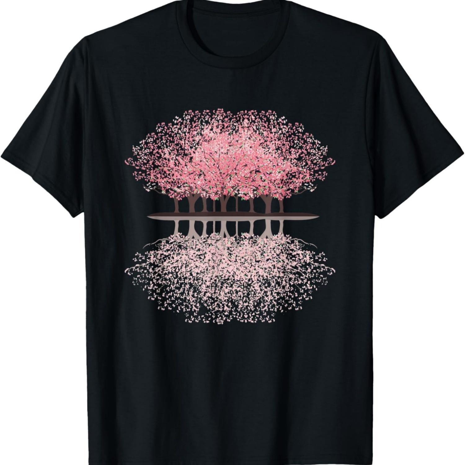 Футболка с изображением лесного пейзажа, отражения в воде и цветущей сакуры S чёрный