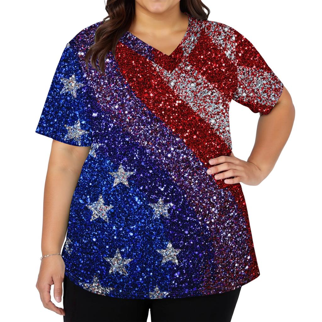 Women's Fashionable Casual Independence Day American Flag And Stars Print V-neck Short-Sleeved Work Shirt With Double Side Slits And Pockets