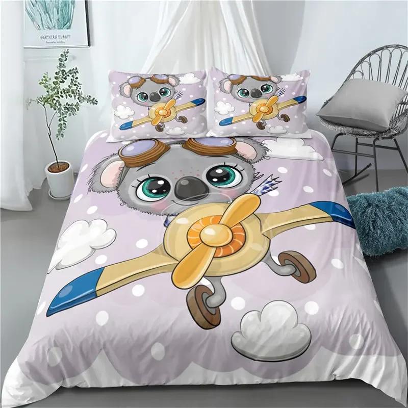 Cartoon Koala Cute Animal Leaves Flowers Comfortable Duvet Quilt Cover Pillowcase Bedding Set Bedroom Decoration Home Textile
