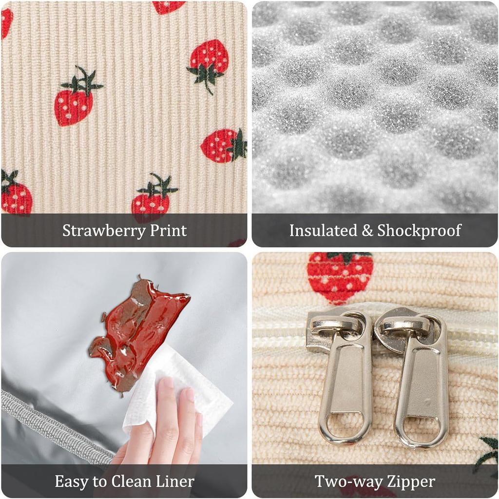 Corduroy Strawberry Print Insulated Lunch Bag for Office and Picnic