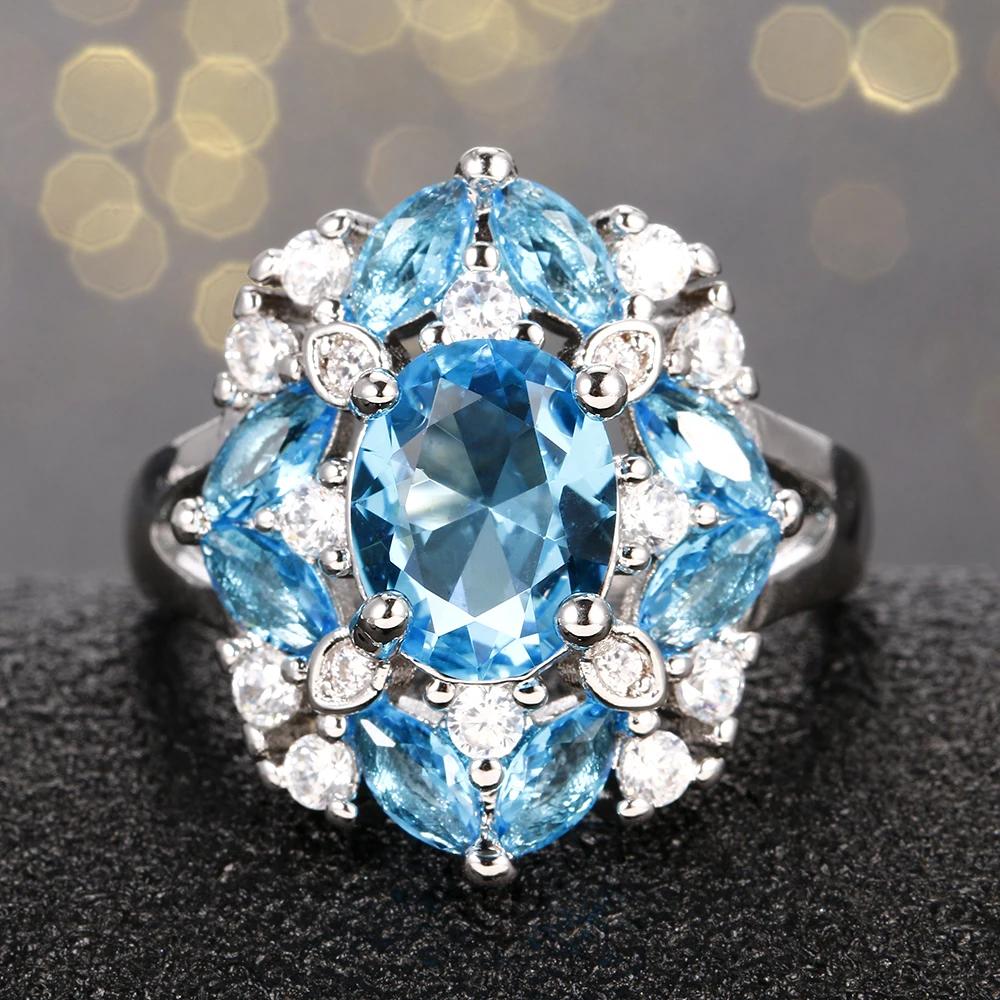 Vintage Floral Natural Blue Topaz  Plated Ring Multi-Gemstone White Zircon Paved Statement Rings Women Fine Jewelry Wedding