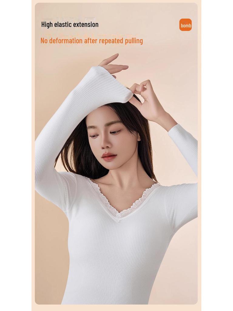 Damen Nahtlose Warme Samt Herbst Unterwäsche Hose mit Brustpolster - Kaschmirseide, Verdickt für Zusätzliche Wärme