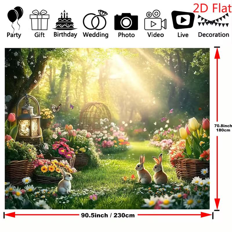 2D Easter Bunny Polyester Backdrop, Spring Garden Forest Background for Easter Party Decor