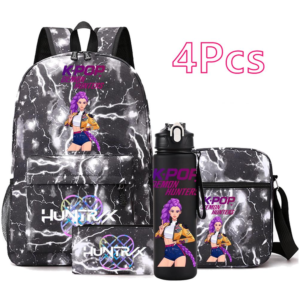 4-teiliges/Set Anime Niedlich K-Pop Bedruckter Rucksack mit 750 ml Wasserflasche für Teenager Schüler Mädchen Junge Schultasche Kindergeschenk Große Kapazität Reisetasche Mochila