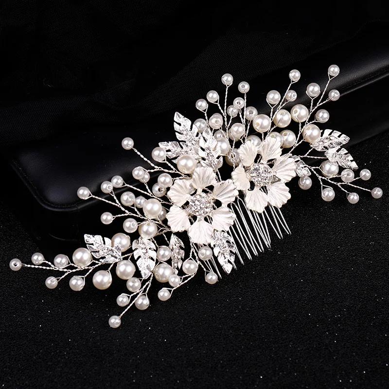 Silver Color Flower Pearl Rhinestone Hair Comb Headband Wedding Hair Accessories For Women Bride Tiara Headband Hair Jewelry