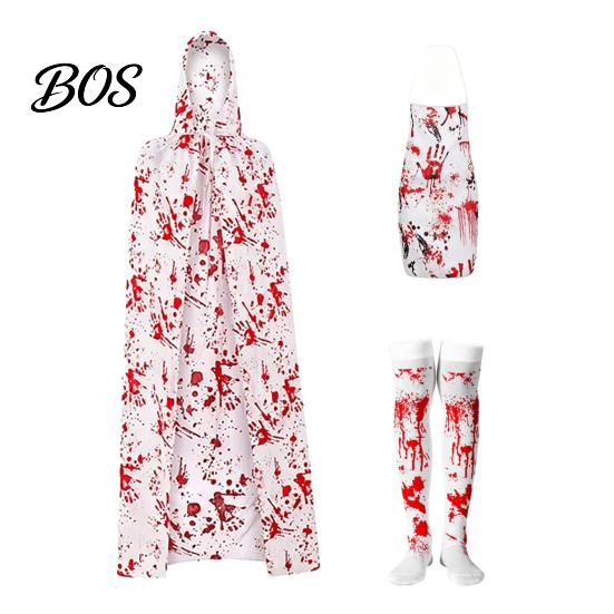 Comfortable Zombie Cosplay Costume Halloween Blood Print for Women, Scary Apron, Hooded Elastic Polyester Horror Themed Apparel Cloak, Stockings