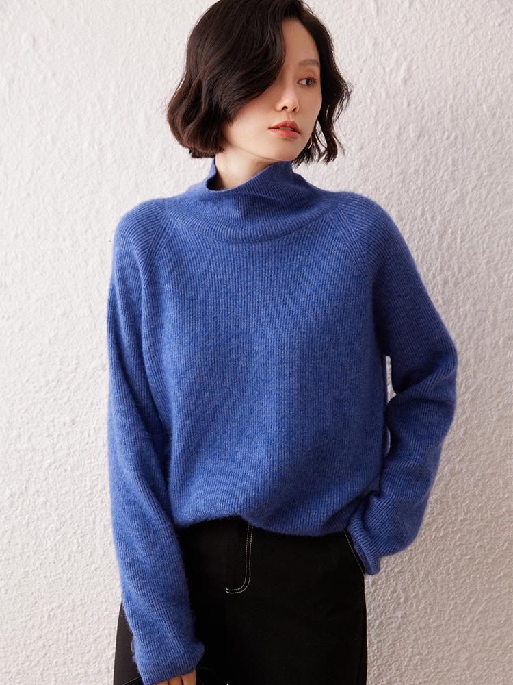 Women's High Neck Cashmere Sweater - 2026 Autumn/Winter Ribbed Knit, Simple Loose Fit, Slimming & Warm