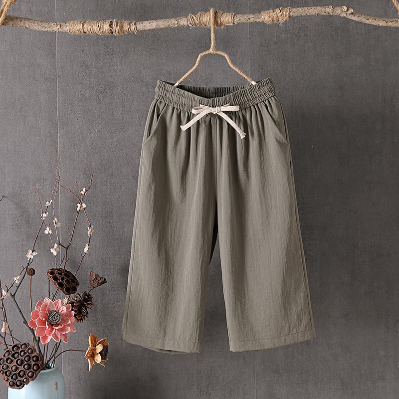 Women's High Rise Drawstring Waist Wide Leg Capri Pants Loose Fit Vintage Linen Blend Cropped Trousers