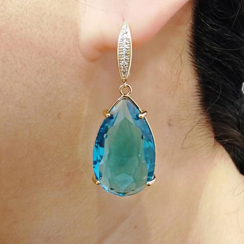 Blue Drop Shape Crystal Zircon Dangle Earrings for Women 2023 New Gold Color Earring Fashion Luxury Party Jewelry Accessories