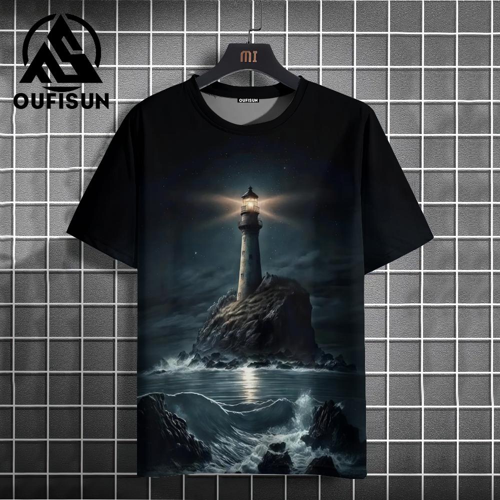 Dark Lighthouse T-shirt For Unisex Casual Short Sleeved Tops Summer Unisex's Clothing 3d Printed Black Cool Oversized Pattern T-shirt
