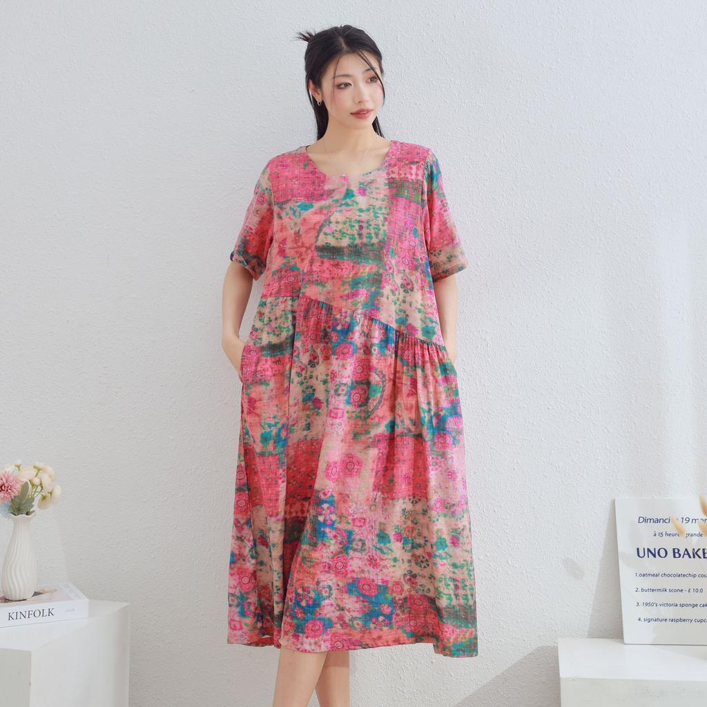 Dimanaf 2025 Women Plus Size Pink Summer Dress Casual Floral Dress Basic Vintage Loose Long Dress