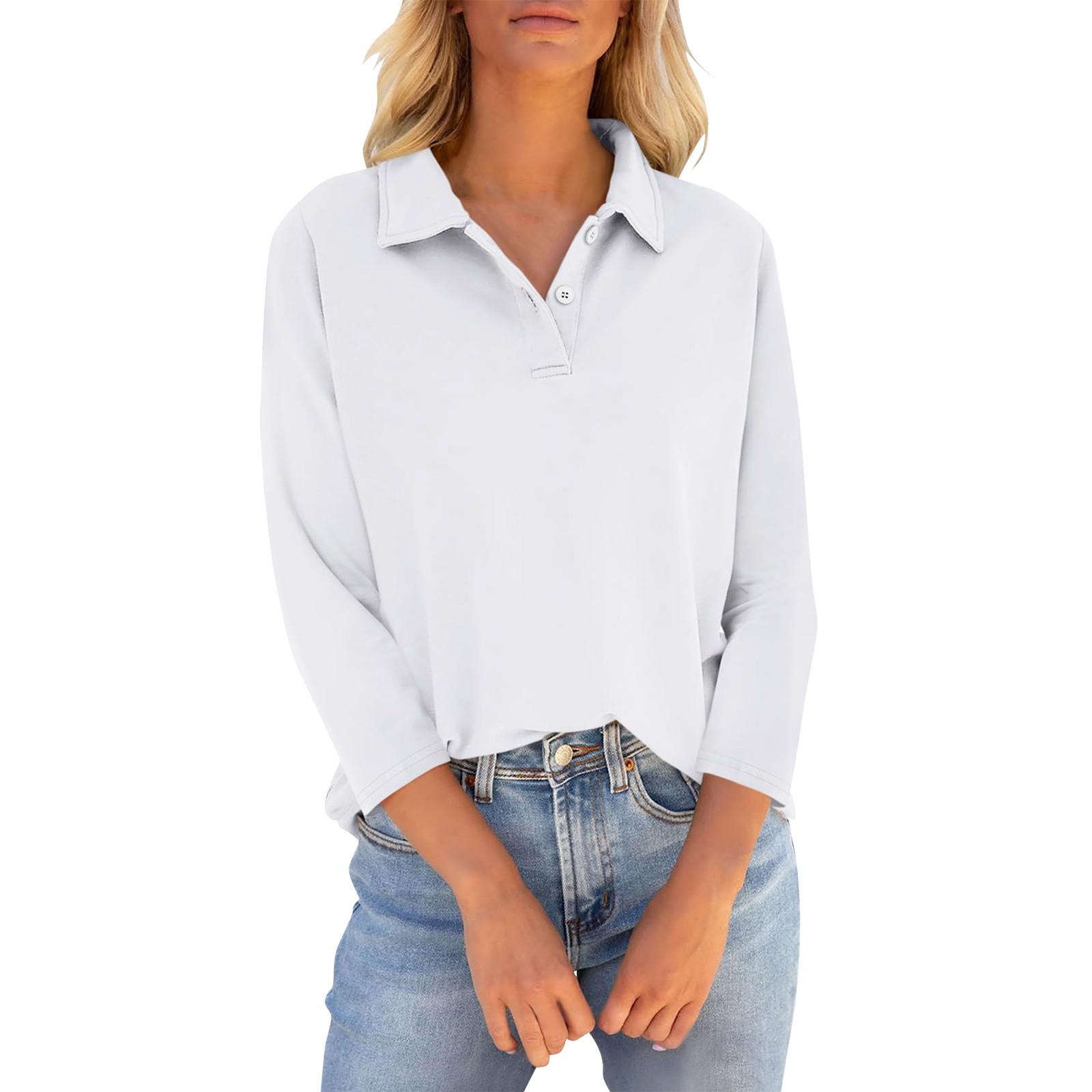 

Женские футболки с рукавом 3/4, летние рубашки с V-образным вырезом и пуговицами, повседневные однотонные свободные топы с воротником M белый