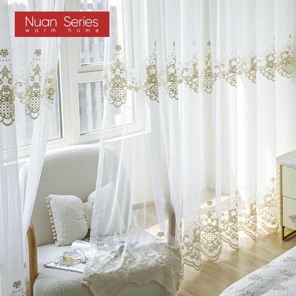 1PC Nuan Series French Style Gold Thread Embroidered Sheer Curtain Romantic Style Luxury Tulle for Living Room Bedroom Balcony Window Home Decor