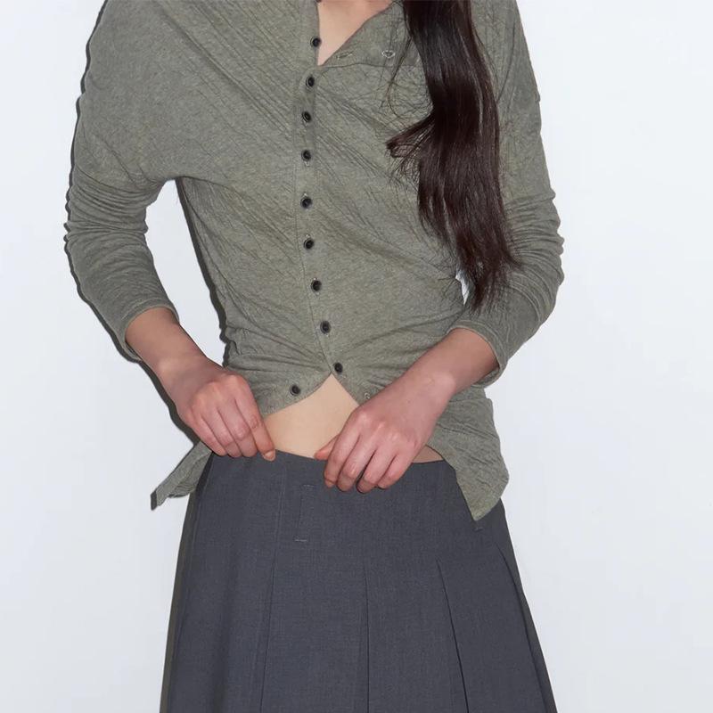 2025 Solid Color Slim Fit Asymmetrical Hem Long Sleeve Tee Medium серый