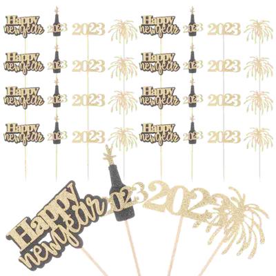 2023 Kuchenstecker Neuartige Picks Neujahrsdekoration Fröhliche Ornamente Party Muffin Dessert Topper Zubehör Papierbecher