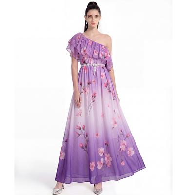 Abito Estivo 2026 in Chiffon da Spiaggia da Donna con Volant Monospalla Manica Corta Stampa Floreale Vita Alta Linea ad A Ampia Svasatura Vestito da Vacanza
