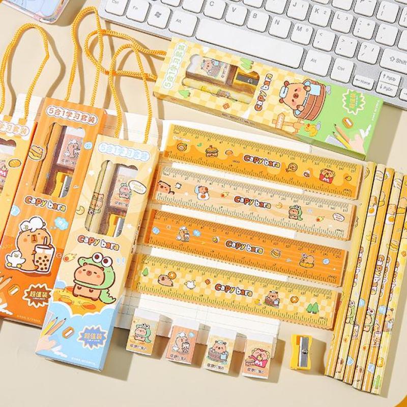 2Set Cute Cartoon Capybara Pencil Stationery Set Kawaii 5Pcs/Set Eraser Pencil Sharpener Children Student Stationery Supplies