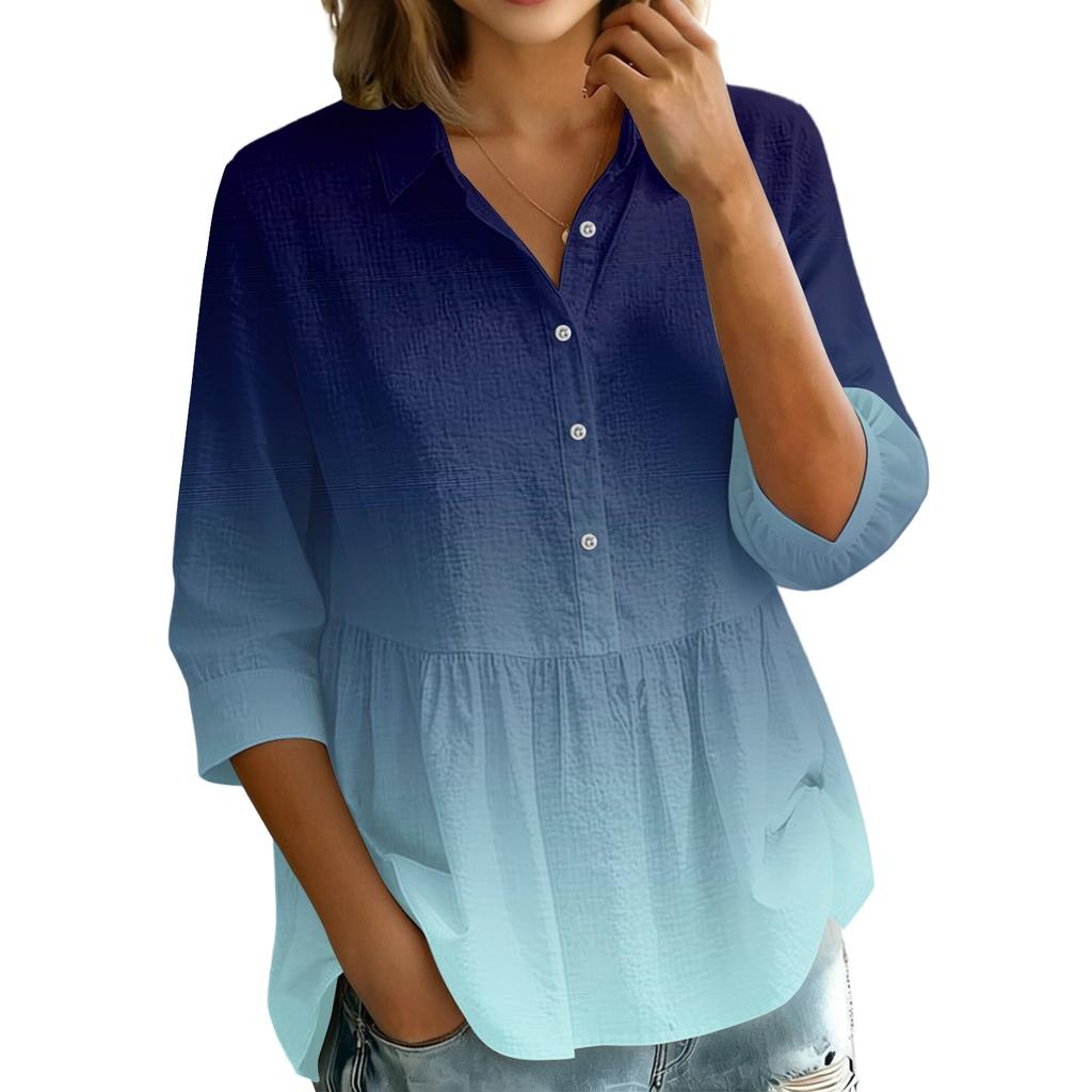 Women's Gradient Print Button Down Blouse - Three Quarter Sleeve, Notched Lapel, Loose Fit Casual Shirt Top