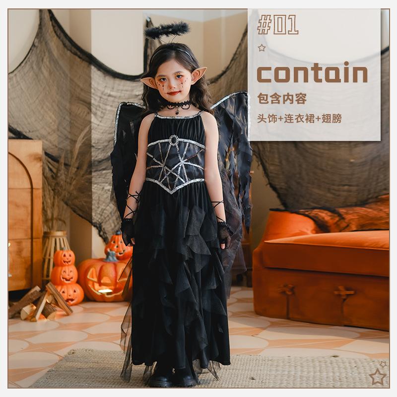 

Костюм на Хэллоуин для девочки Заклинание Демон Ангел Крылья Платье Темный Эльф Платье Черное Детское Платье 150cm