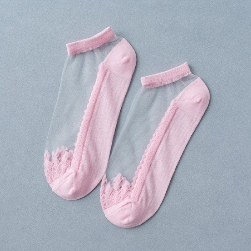 Ultra-thin Transparent Crystal Silk Socks Women Fashion Summer Harajuku Crew Socks Retro Flower Streetwear Elastic Long Socks