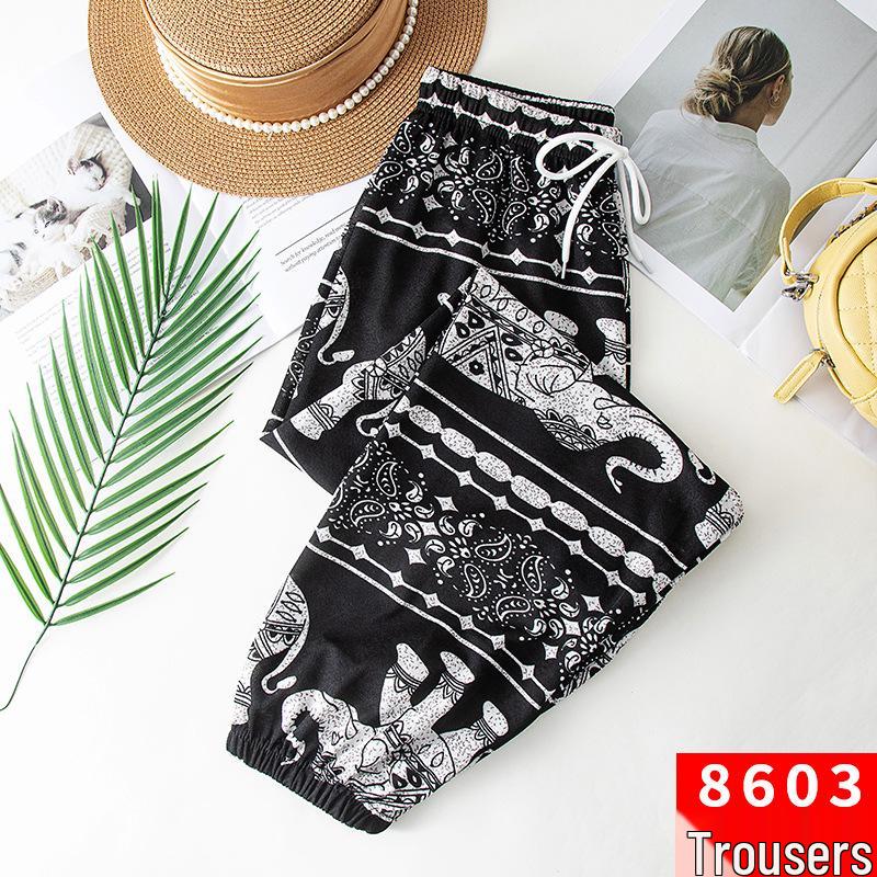 Damen Thai Elefantenmuster High-Waist Gecroppte Haremshose mit Bündchen - Ethnischer Sommer Weitbein-Stil