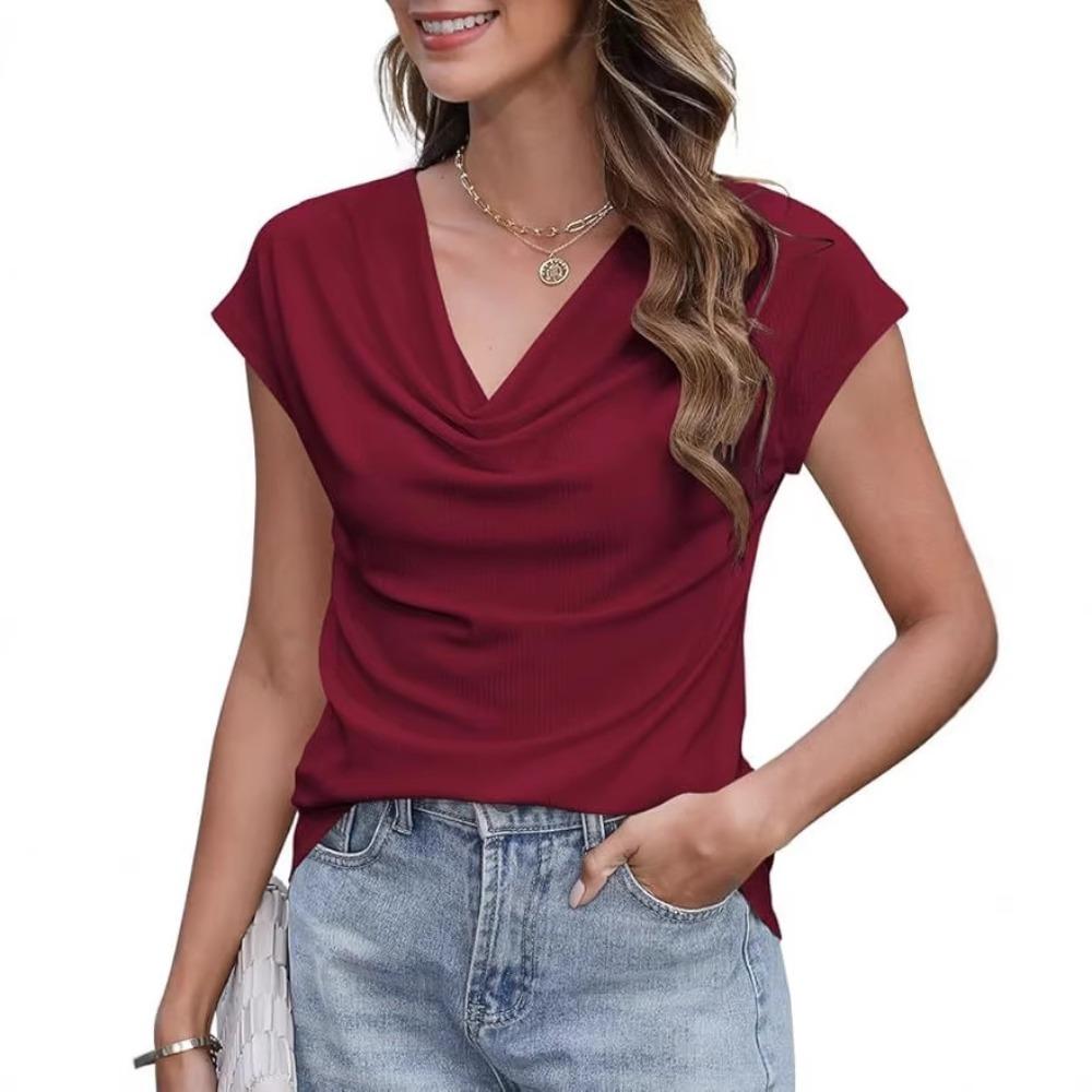 Women's Cowl Neck Short Sleeve Casual Slim Fit Solid Color Knit T-Shirt Blouse