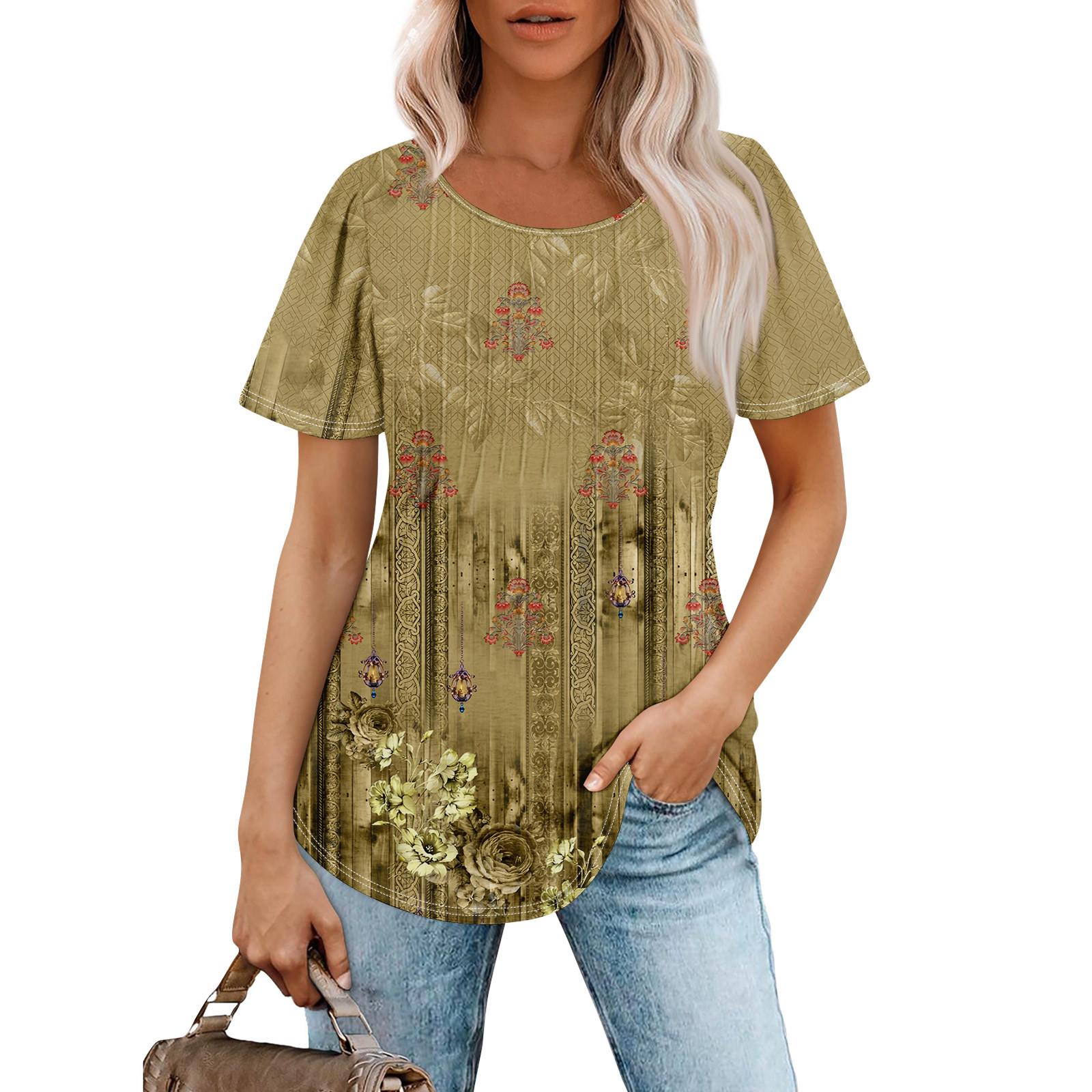 

Женская модная повседневная плиссированная футболка с короткими рукавами и круглым вырезом с принтом L бронзовый