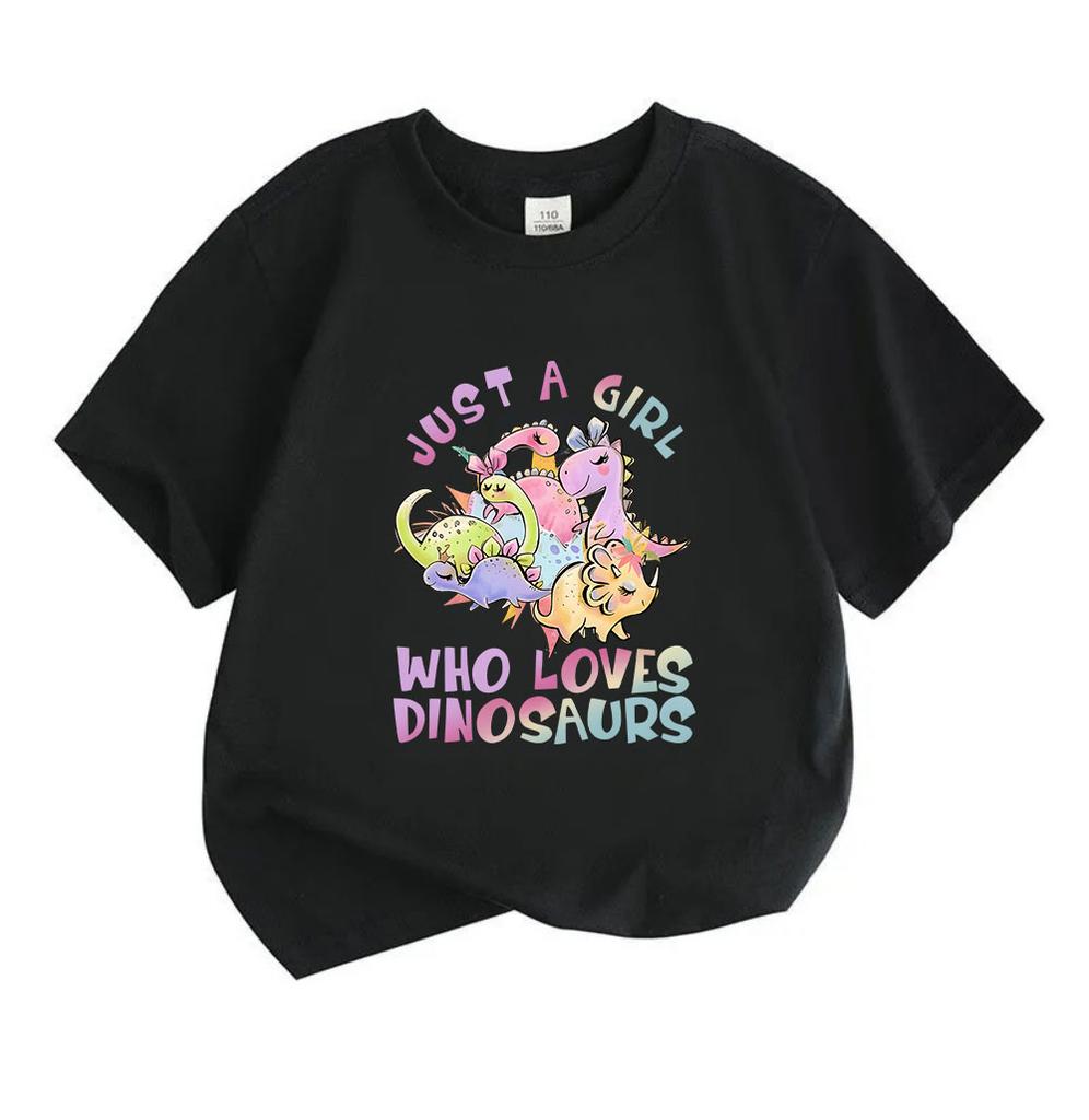 Kids Boys Girls 100% Cotton Short Sleeve Crew Neck T-Shirt, Cute Cartoon Dinosaur Print Just A Girl Who Loves Dinosaurs Casual Soft Tee for Children D