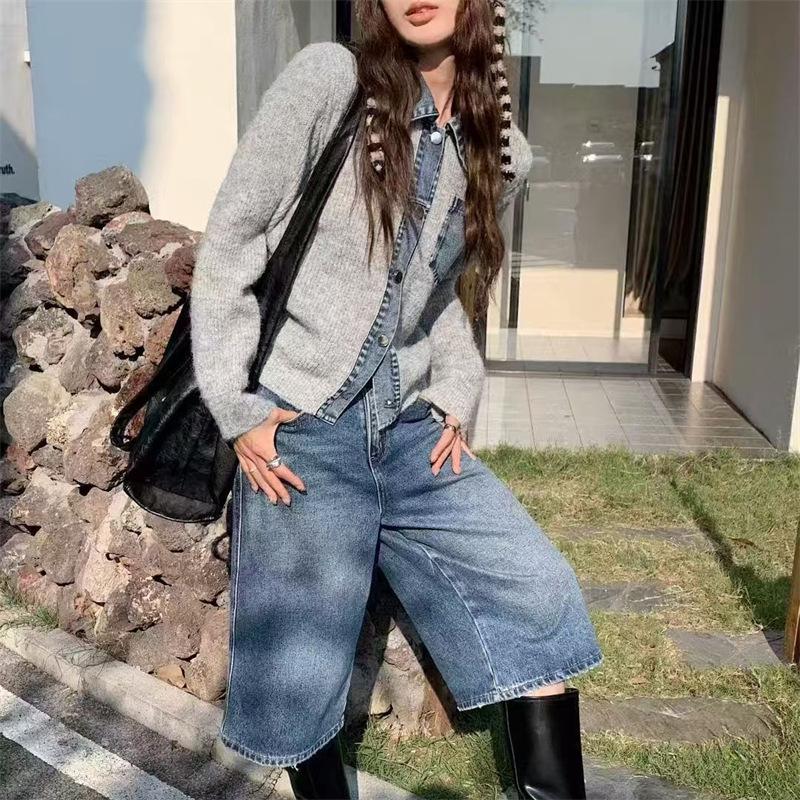 Korean-Style Denim Knit Polo Cardigan: Women's Loose-Fit Fashionable Autumn/Winter Sweater