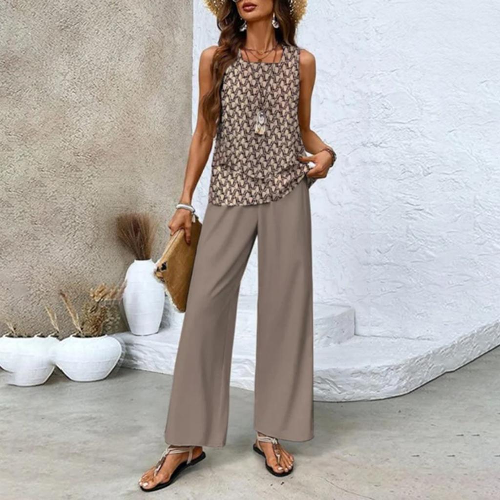 Zweiteiliges Sommer-Set für Damen, lockeres, ärmelloses, doppellagiges Westentop, lässige Hosen, Urlaubsset