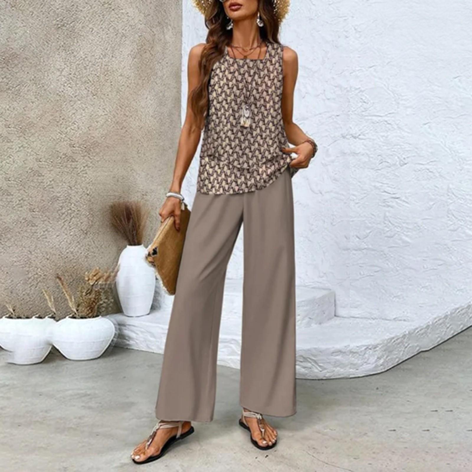 

Женский летний свободный двухслойный жилет без рукавов, повседневные брюки, комплект для отпуска S светло-коричневого