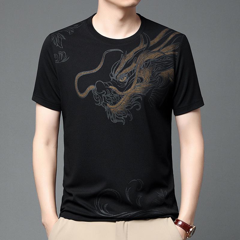 Men's Retro Printed Dragon T-Shirt Large Size Breathable Athletic Short Sleeve