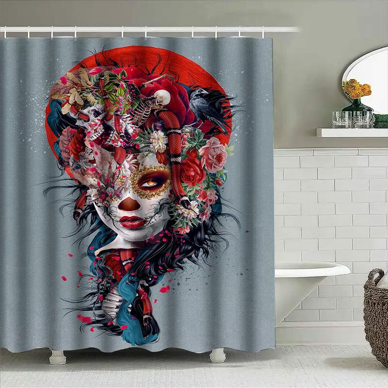 Artistic Decor Shower Curtain Featuring A Gothic Skull Woman With Red Roses Perfect For Halloween Or Day Of The Dead Celebration
