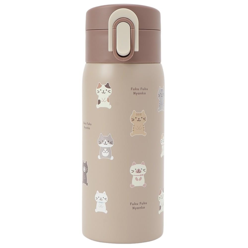 350ml Stainless Steel Bottle, Insulated, Direct Drinking, One-Touch Operation, Cute Cat Design, Fukufuku Nyanko, Happins