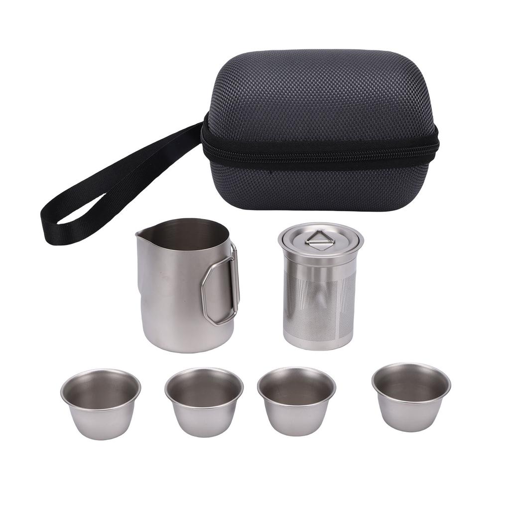 Stainless Steel Tea Set with Infuser 350ml Tea Pot 50ml Tea Cups Portable Bag for Outdoor Camping Backpacking