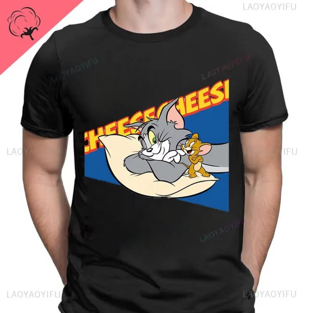Mans T-Shirt Neck Short-Sleeved Tops Cute Cartoon Printed Jerry Tom Humor Funny New Selling Funny Sweet Fashion All Round Tees